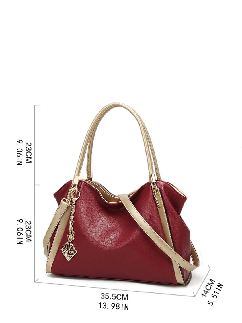 Colorblock Shoulder Tote Bag Contrast Binding With Bag Charm