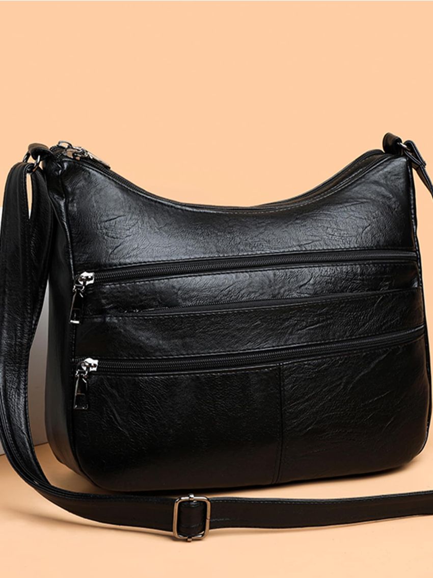 Black Hobo Bag Elegant Textured Multi Zipper PU