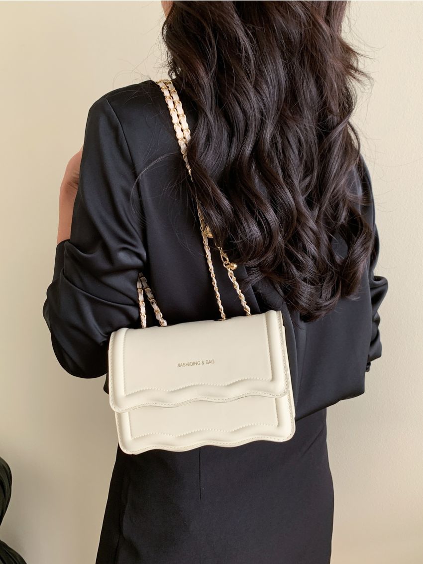 Mini Novelty Bag Fashionable Letter Graphic Scallop Trim Flap Chain PU