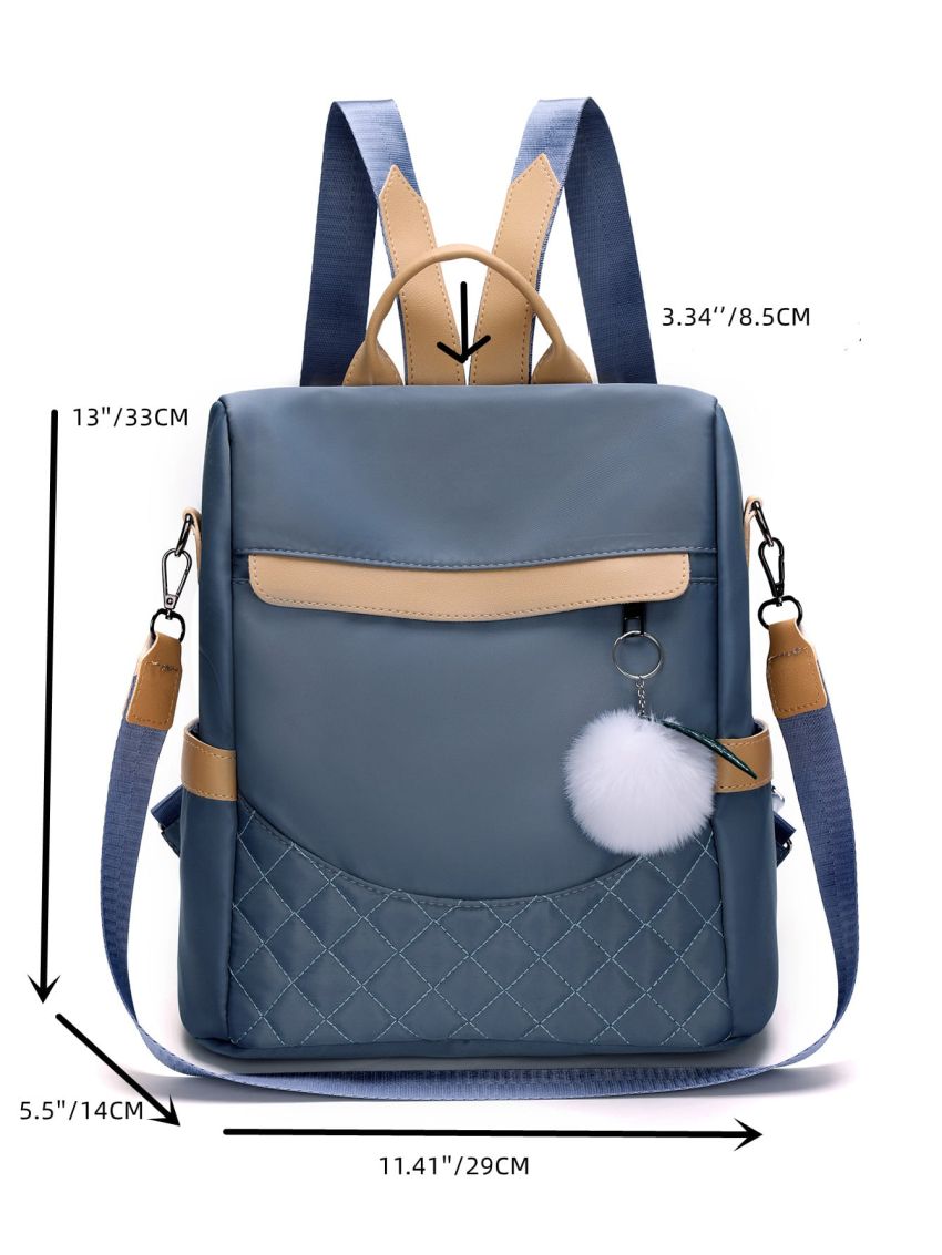 Two Tone Classic Backpack With Pompom Charm Casual For Travel
