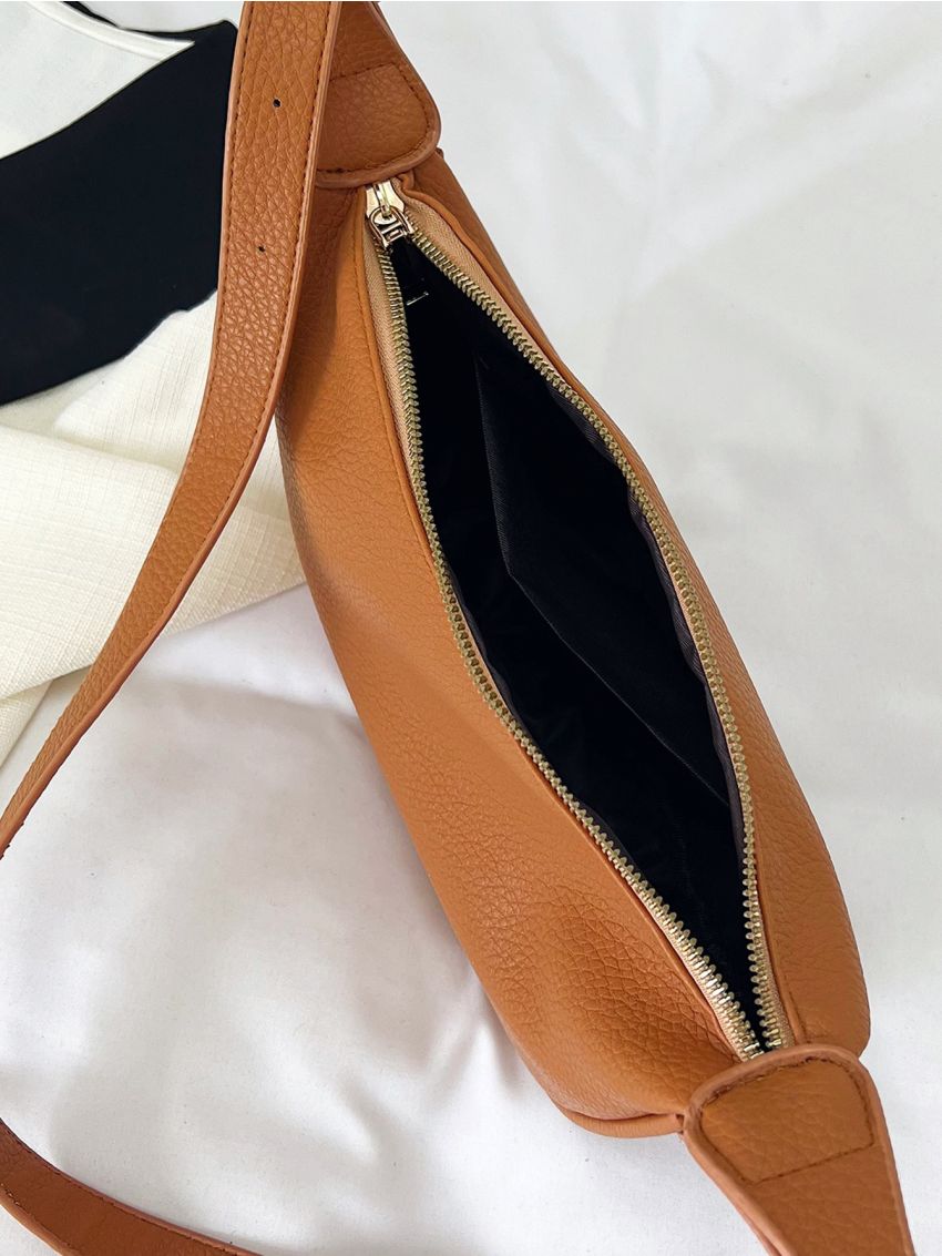 Brown Hobo Bag Elegant Litchi Embossed Adjustable Strap PU