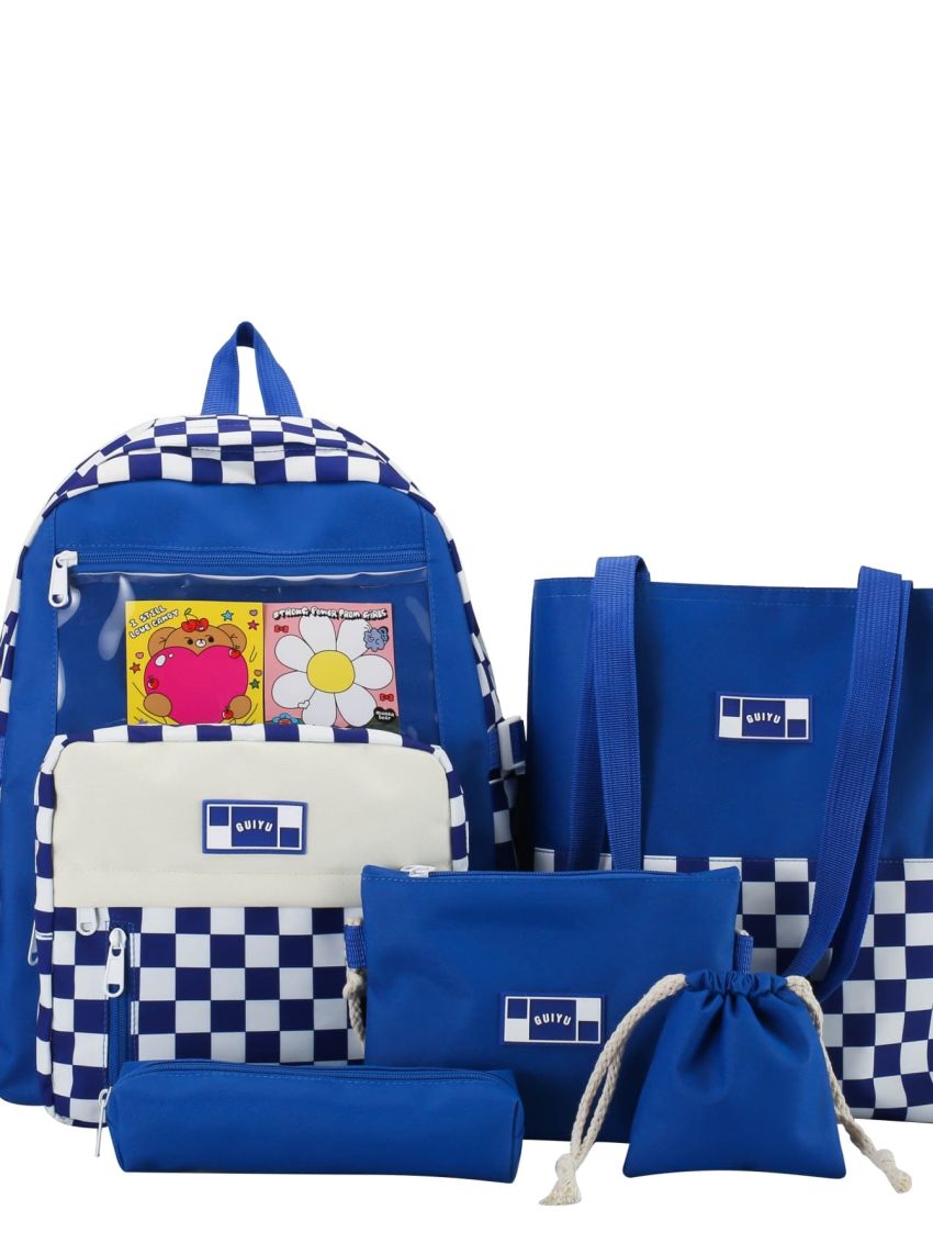 5pcs Bag Sets Classic Backpack Shopper Clutch Bucket Pencil Bag Preppy Cartoon Bear & Checkered Pattern