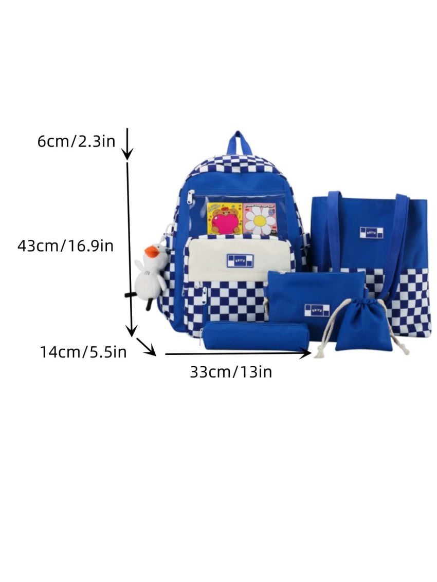 5pcs Bag Sets Classic Backpack Shopper Clutch Bucket Pencil Bag Preppy Cartoon Bear & Checkered Pattern