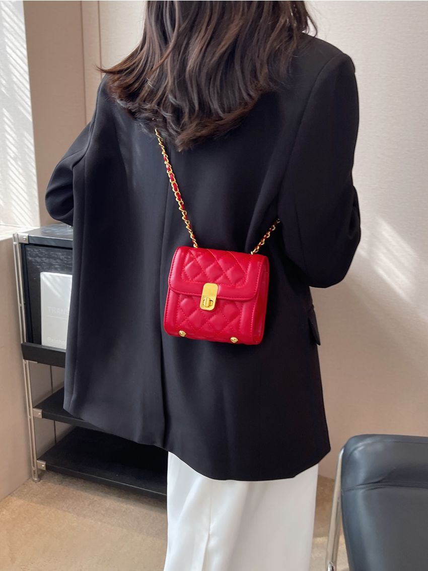 Mini Square Bag Quilted Neon Red Chain Strap