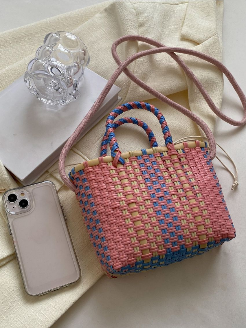 Small Bucket Bag Double Handle Colorblock For Summer, Clear Bag