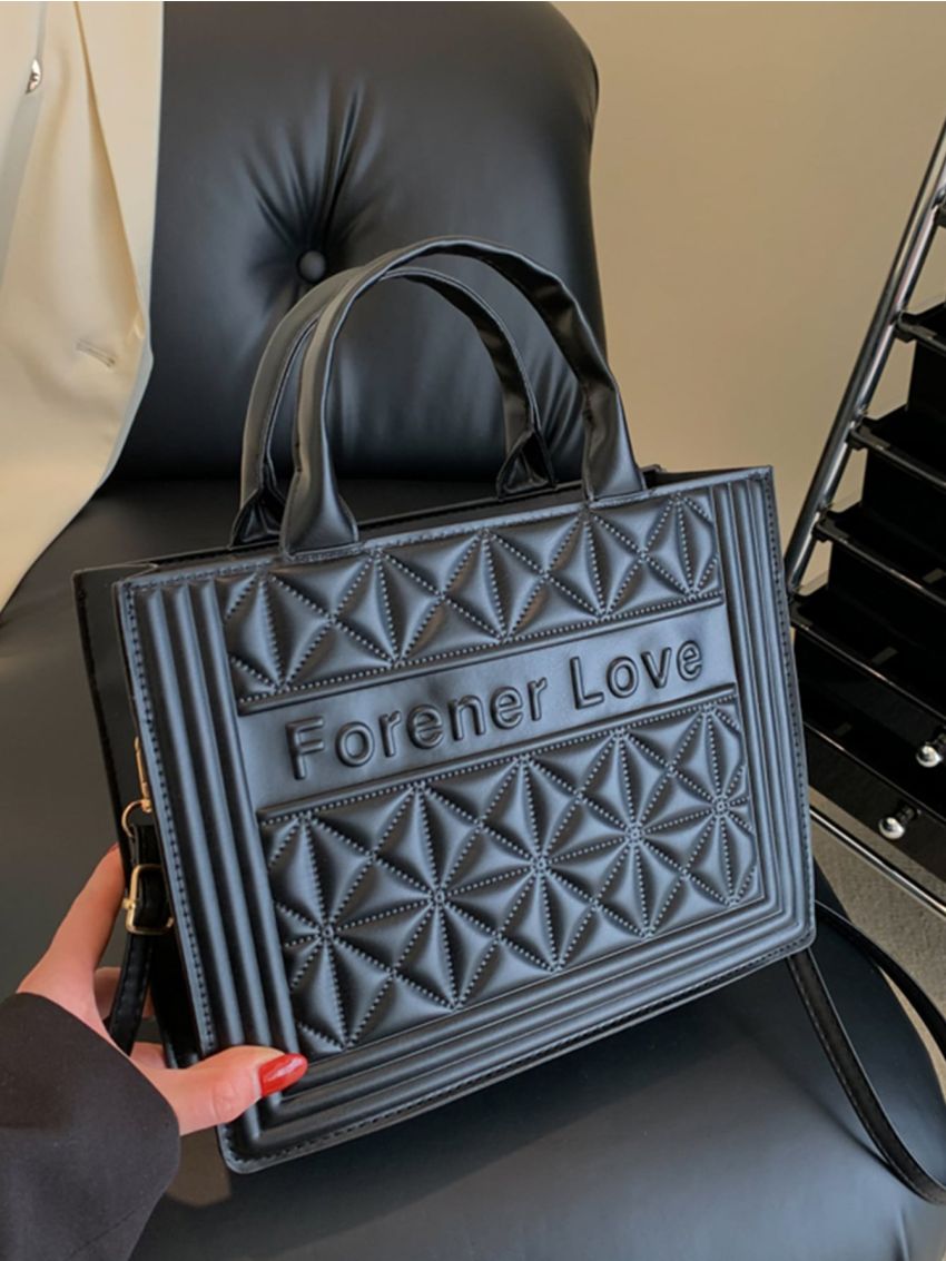 Medium Square Bag Quilted Letter Embossed Double Handle