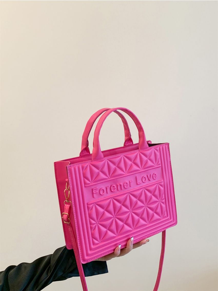 Medium Square Bag Quilted Letter Embossed Double Handle