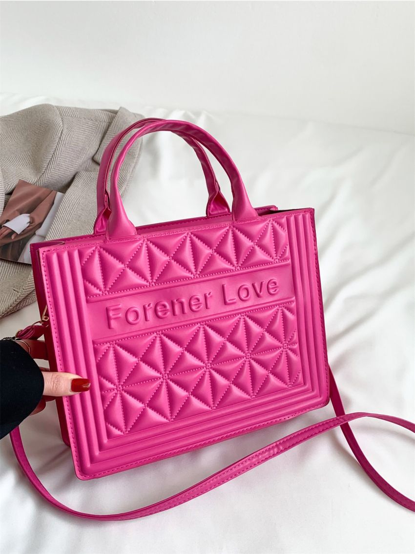Medium Square Bag Quilted Letter Embossed Double Handle