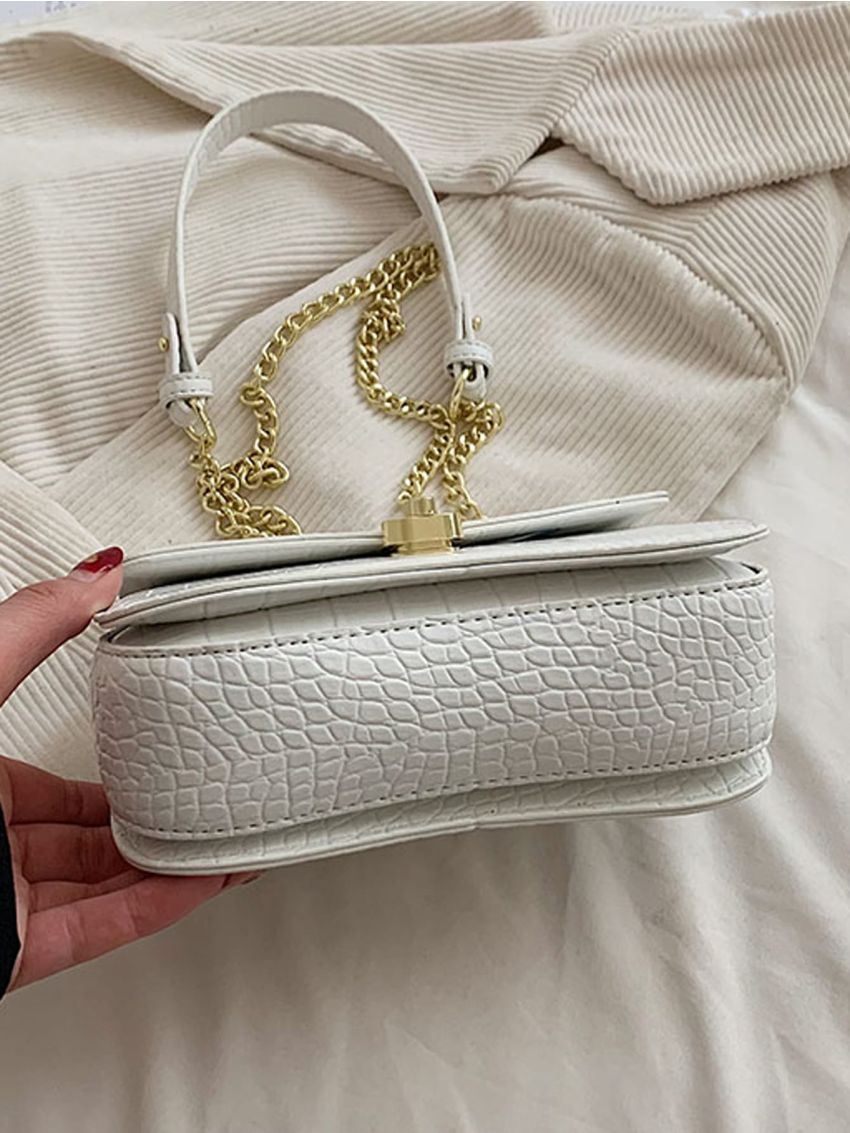 Mini Square Bag Fashionable White Crocodile Embossed Chain Flap PU