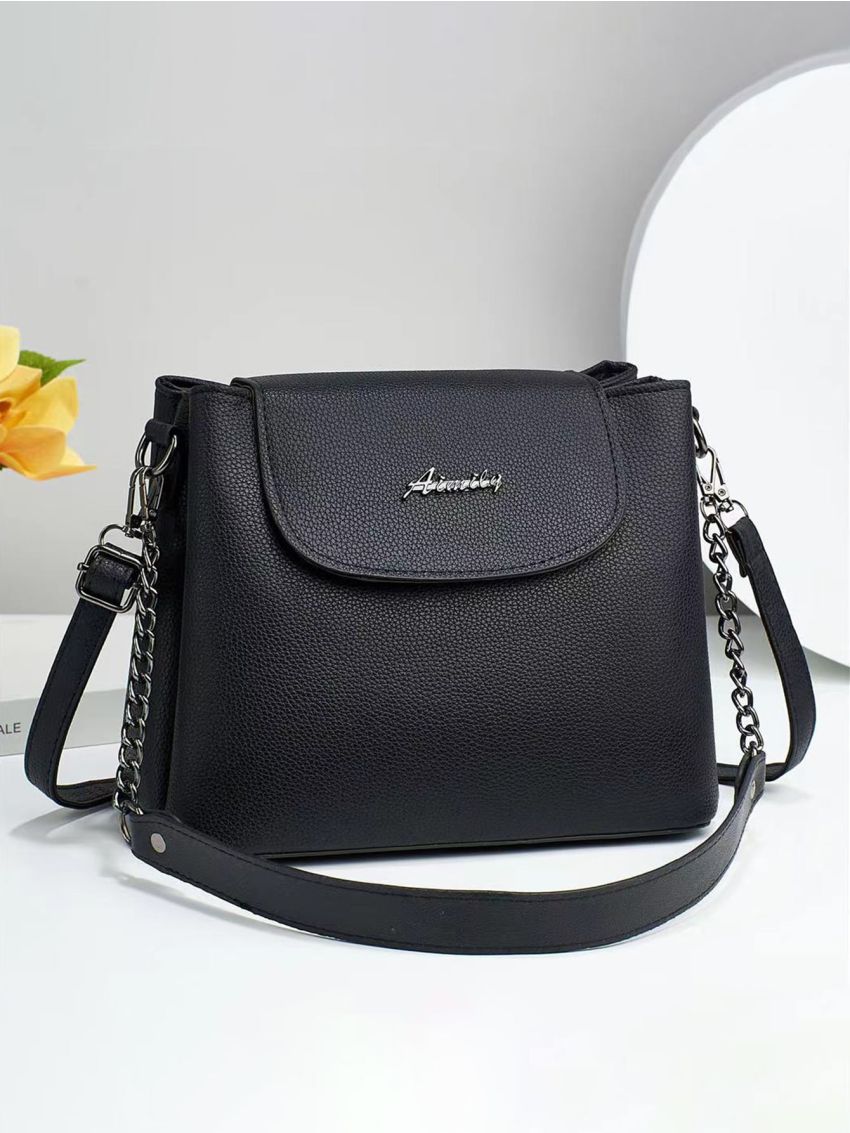 Letter Graphic Square Bag Flap Litchi Embossed Black