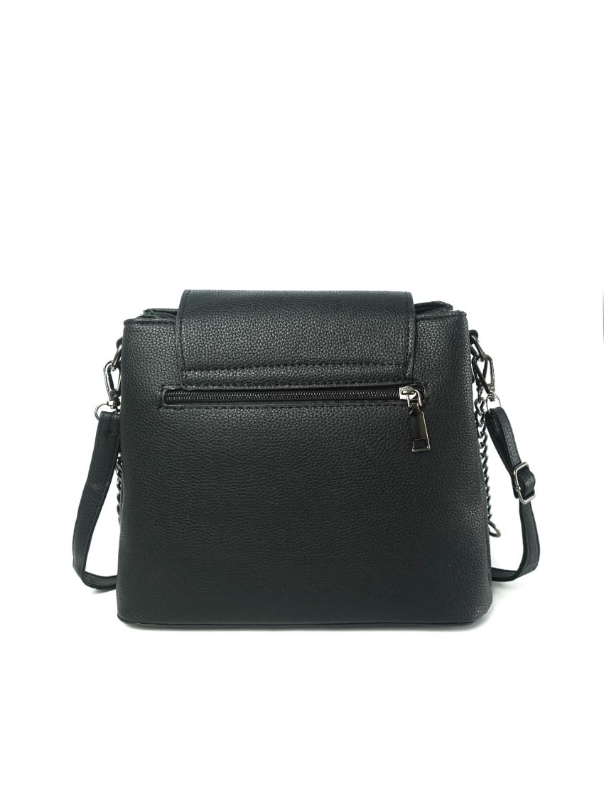 Letter Graphic Square Bag Flap Litchi Embossed Black