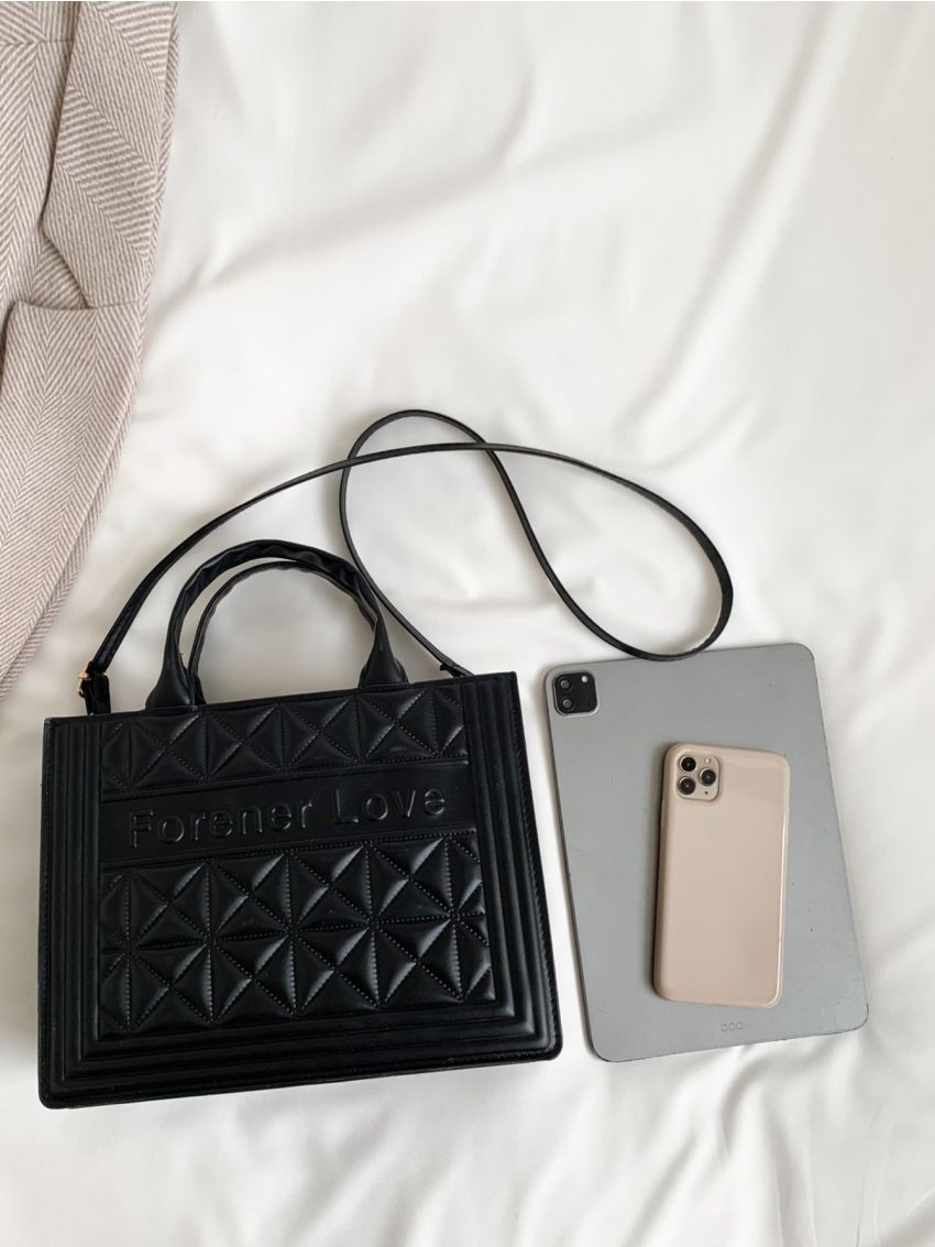 Letter Graphic Square Bag Medium Double Handle Black