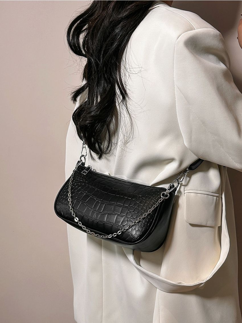 Crocodile Embossed Baguette Bag Small Chain Decor Black