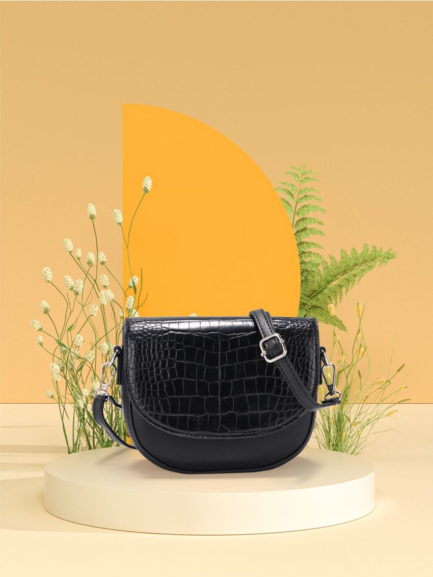 Crocodile Embossed Saddle Bag Mini Black
