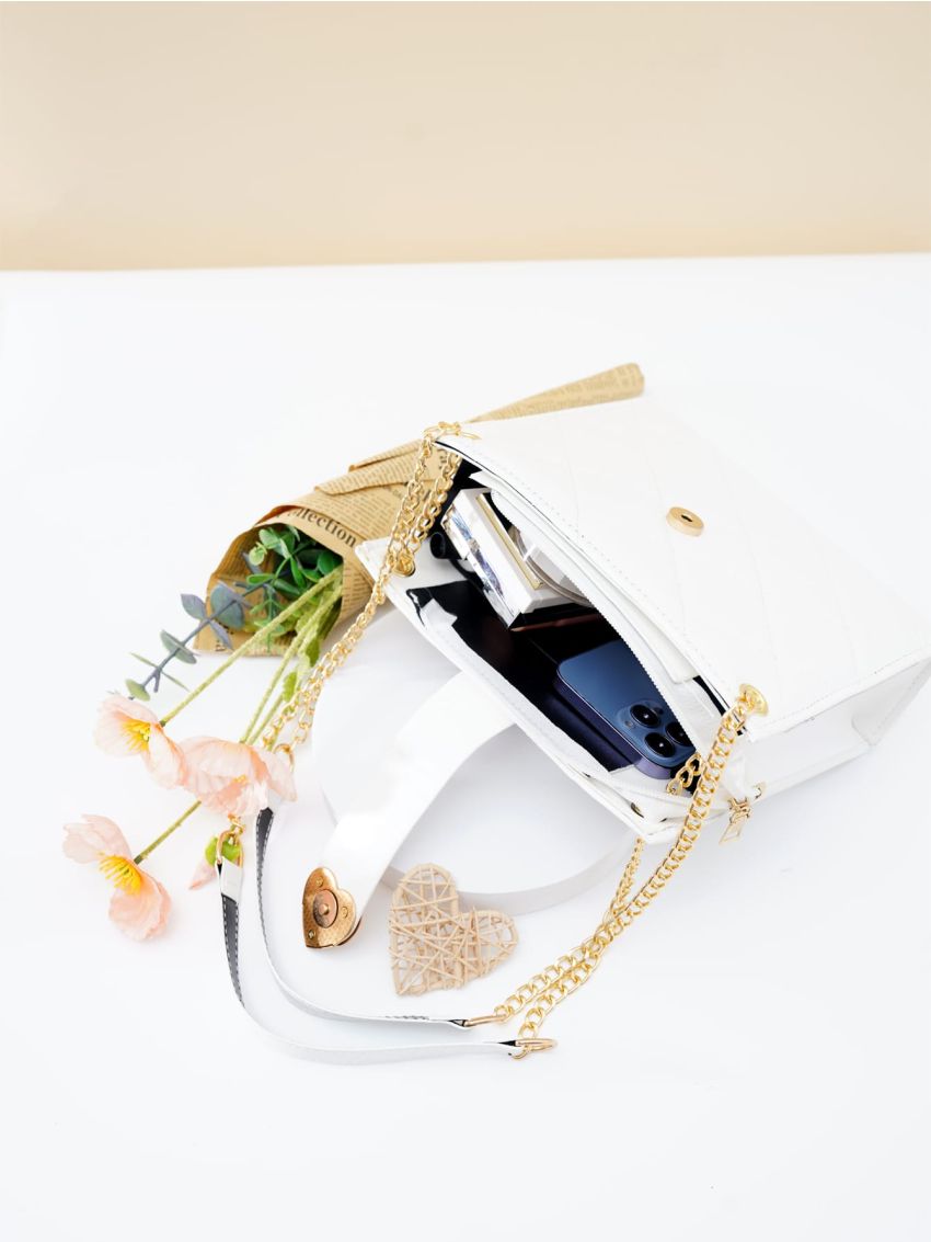 Small Square Bag Quilted Pattern Heart Decor PU