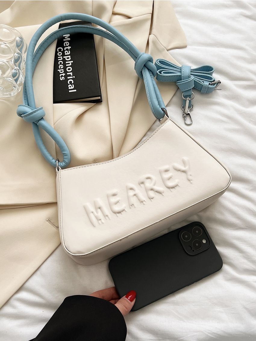 Letter Embossed Baguette Bag Knot Decor Handle