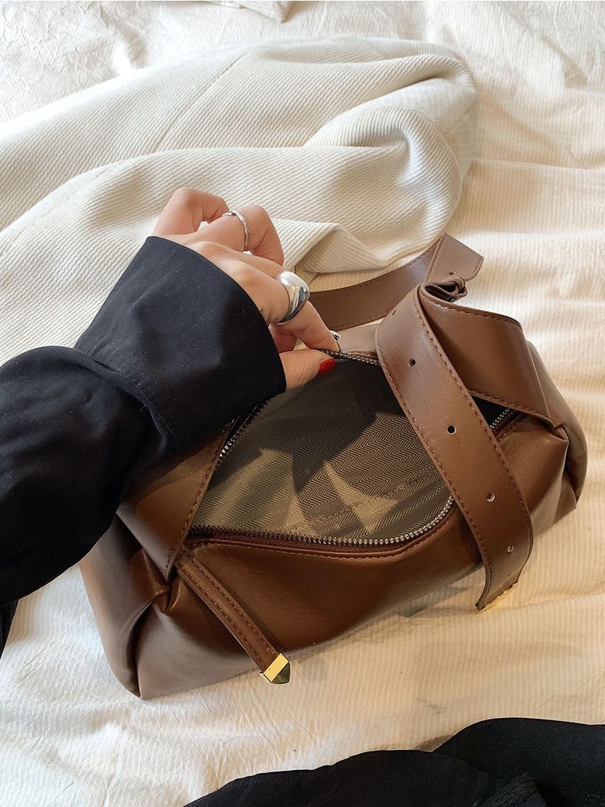 Medium Baguette Bag Solid Brown Minimalist Style