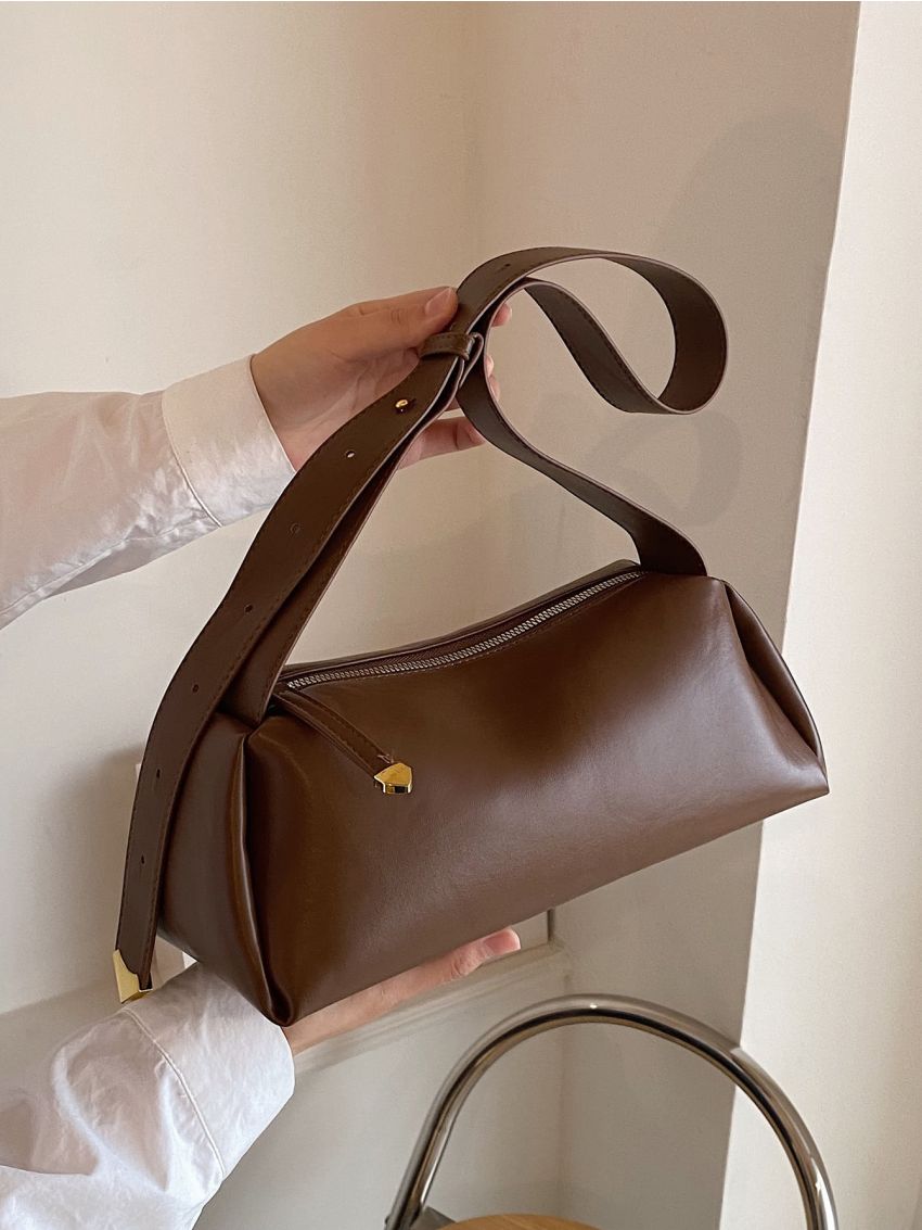 Medium Baguette Bag Solid Brown Minimalist Style