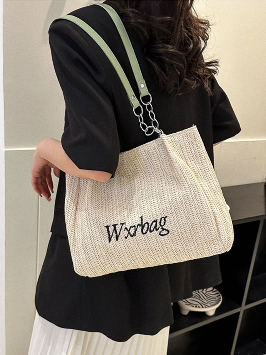 Letter Graphic Straw Bag For Beach Vacation Travel