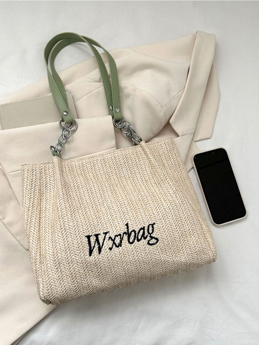 Letter Graphic Straw Bag For Beach Vacation Travel