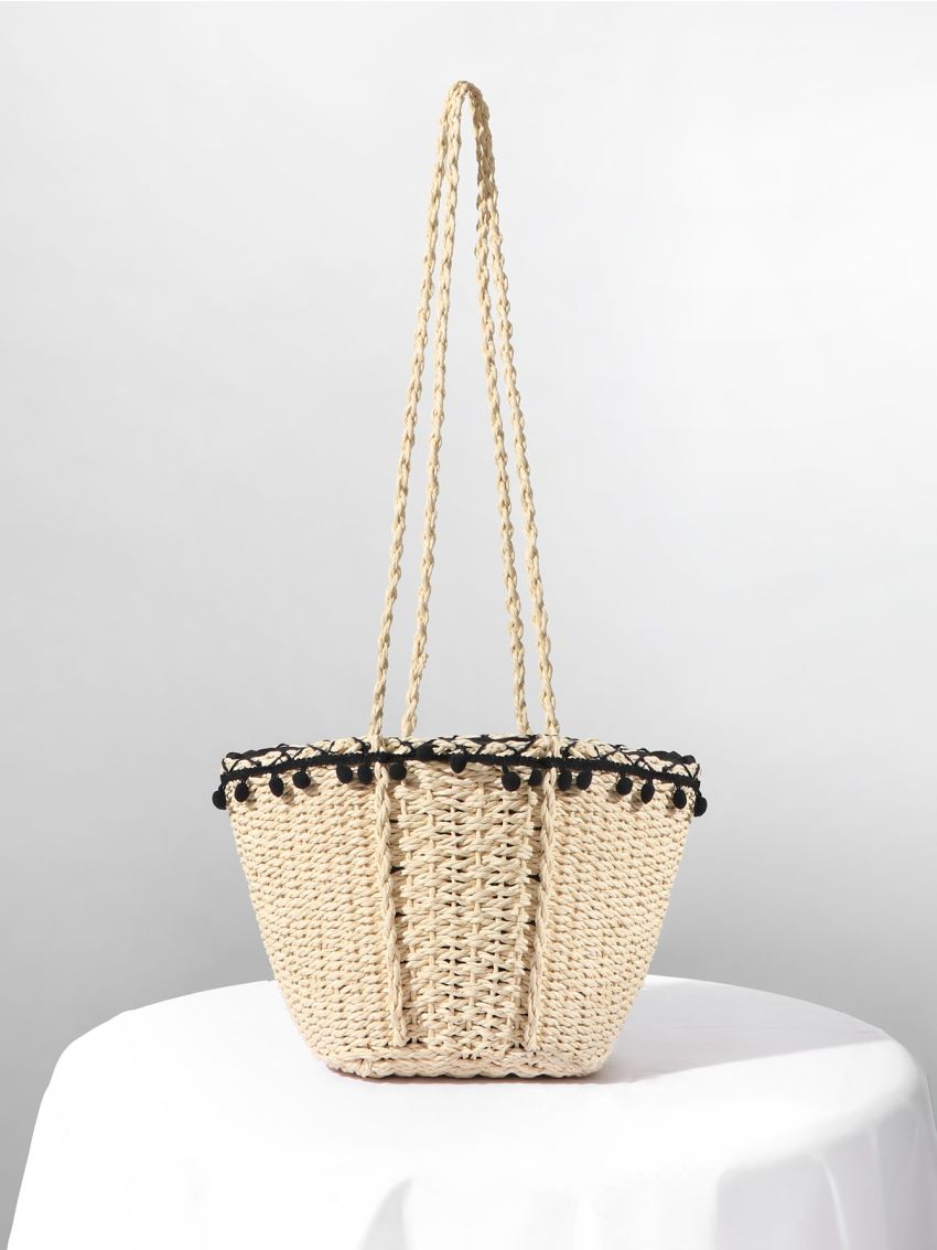 Pom Pom Decor Straw Bag Small For Beach Vacation Travel