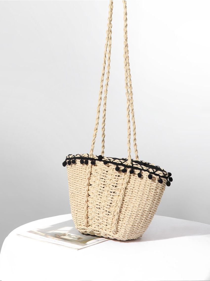 Pom Pom Decor Straw Bag Small For Beach Vacation Travel