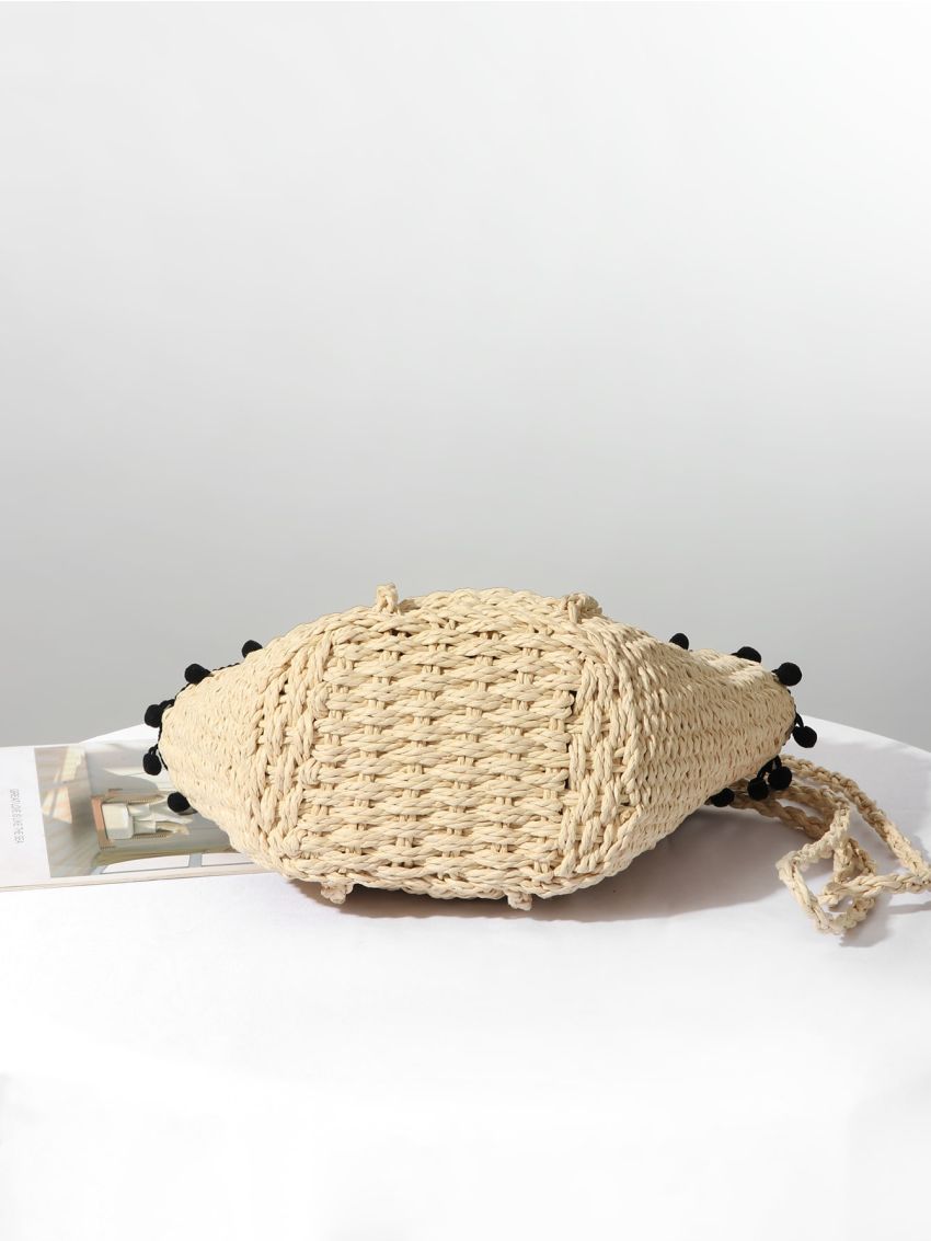 Pom Pom Decor Straw Bag Small For Beach Vacation Travel