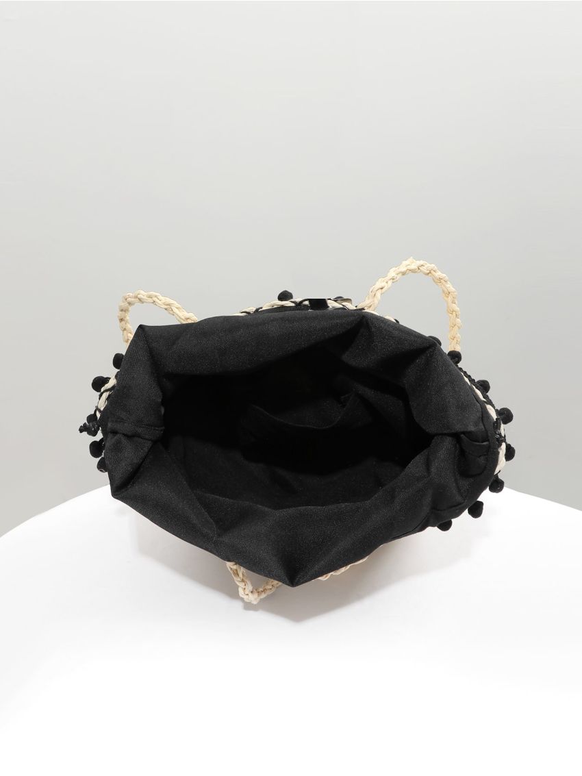 Pom Pom Decor Straw Bag Small For Beach Vacation Travel