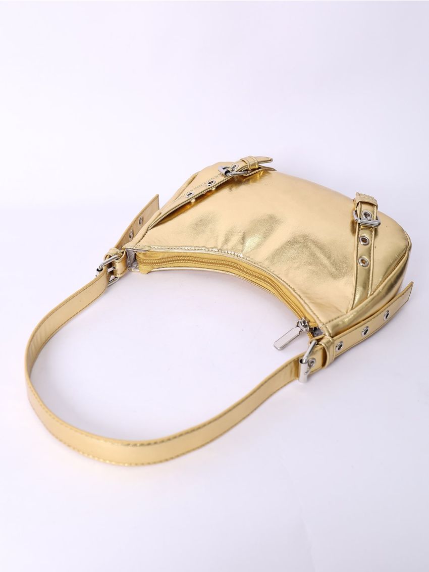 Minimalist Hobo Bag Buckle Decor Small Metallic Funky