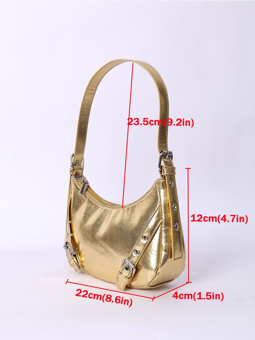 Minimalist Hobo Bag Buckle Decor Small Metallic Funky