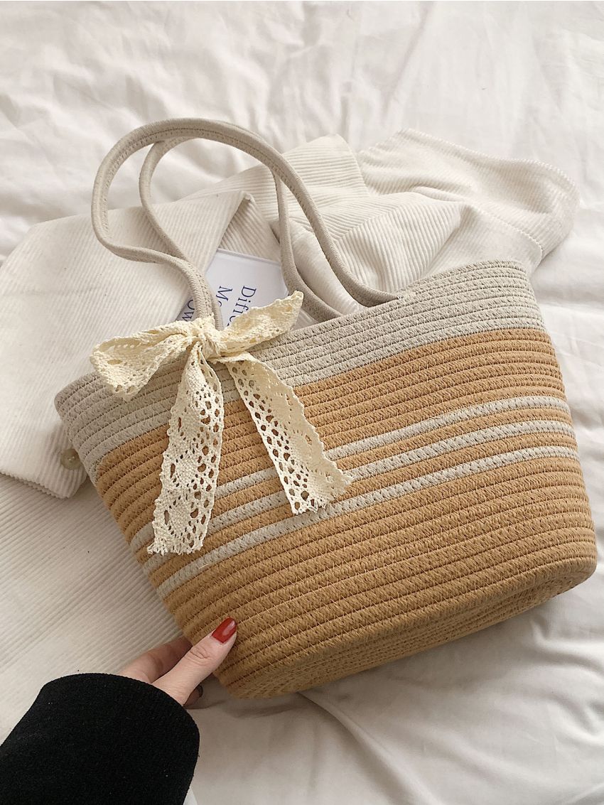 Medium Straw Bag Colorblock Twilly Scarf Decor