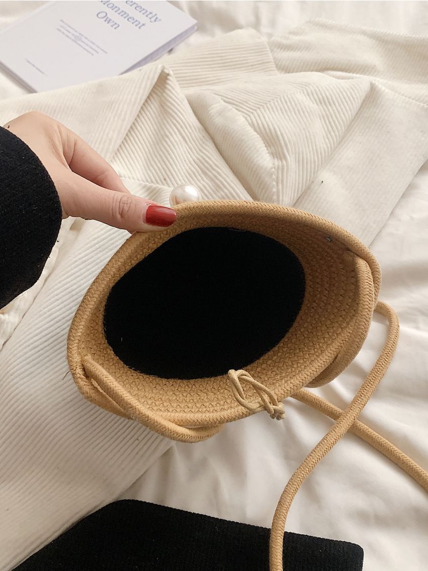 Faux Pearl Decor Two Tone Bucket Bag Vacation For Summer