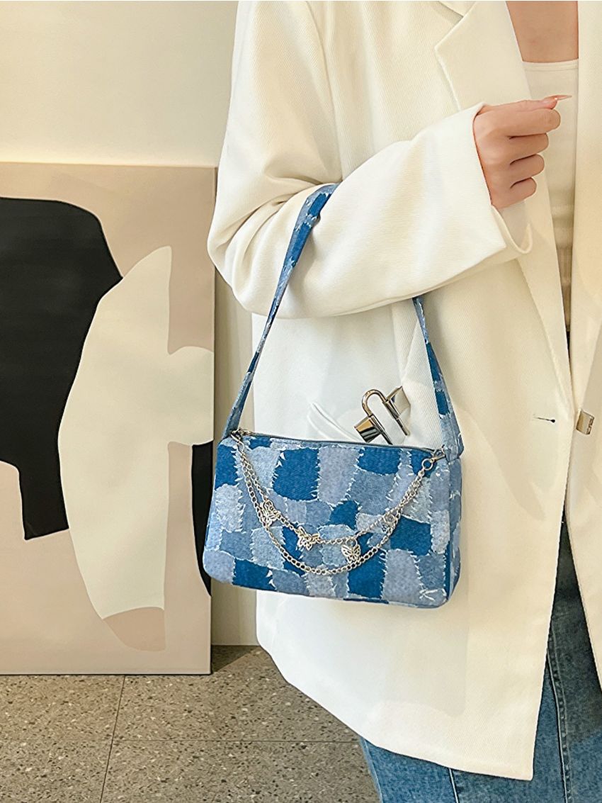 Colorblock Square Bag Chain Decor Small Preppy