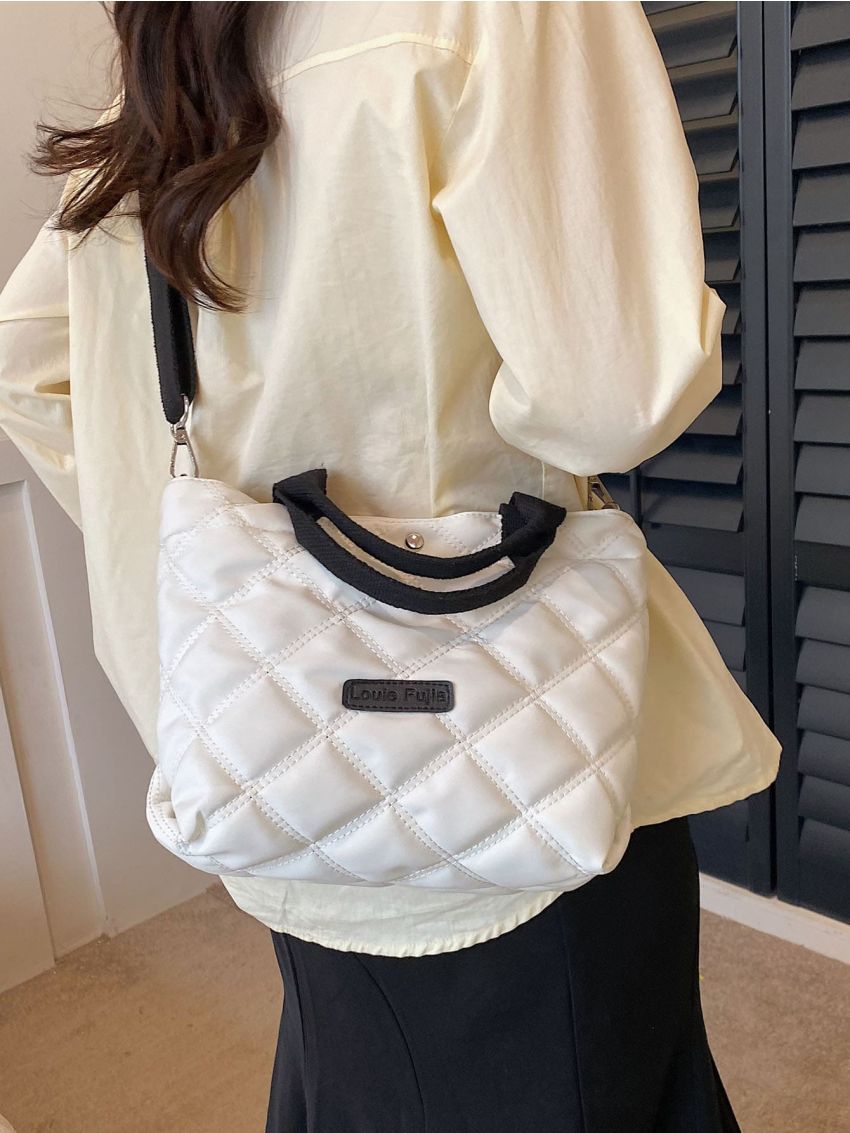 Small Tote Bag Letter Patch Decor Quilted Double Handle