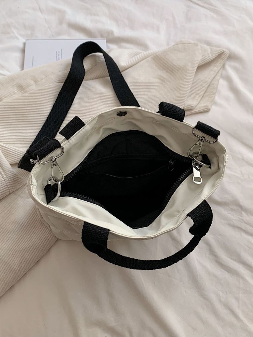 Small Tote Bag Letter Patch Decor Quilted Double Handle