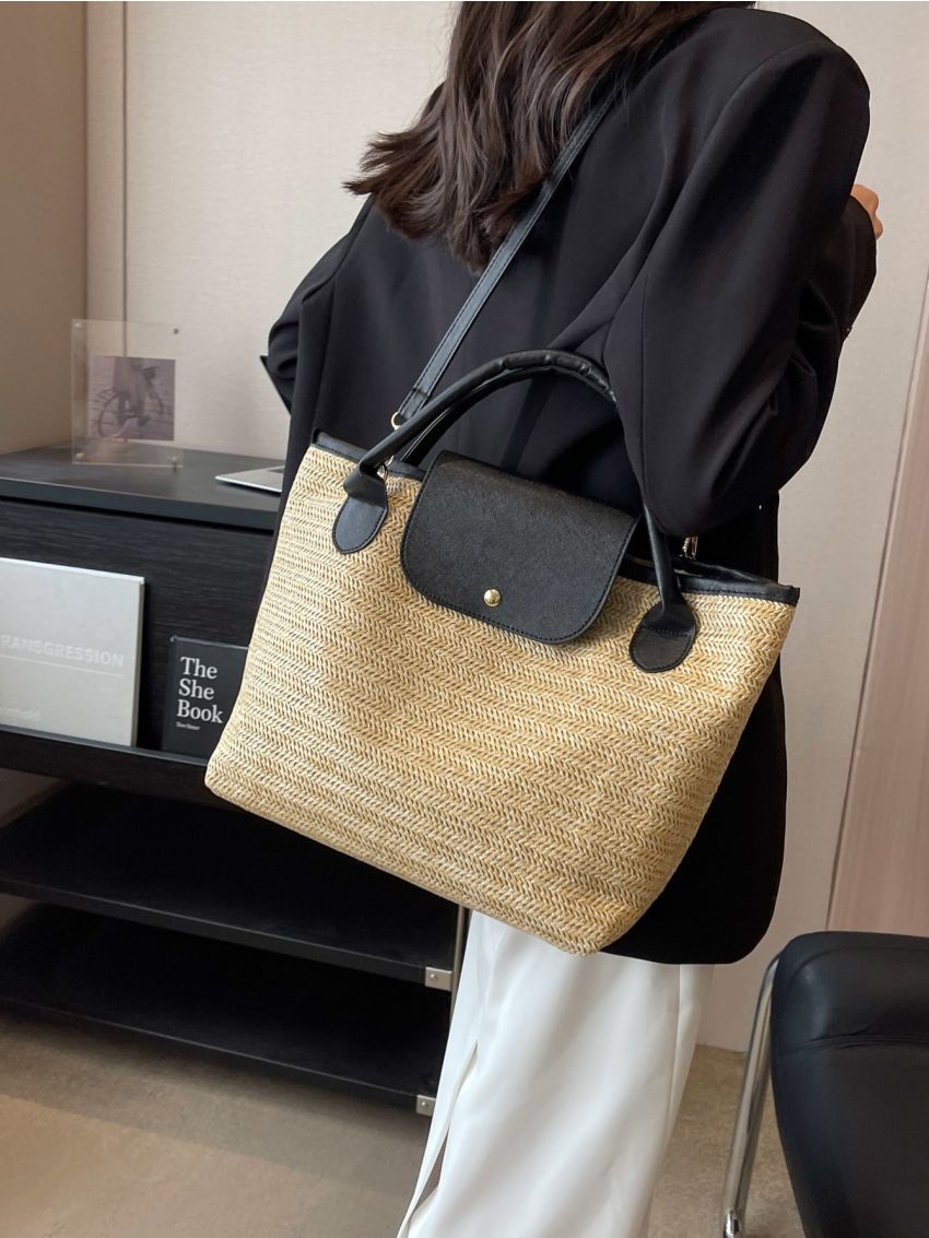 Colorblock Straw Bag Medium For Beach Vacation Travel