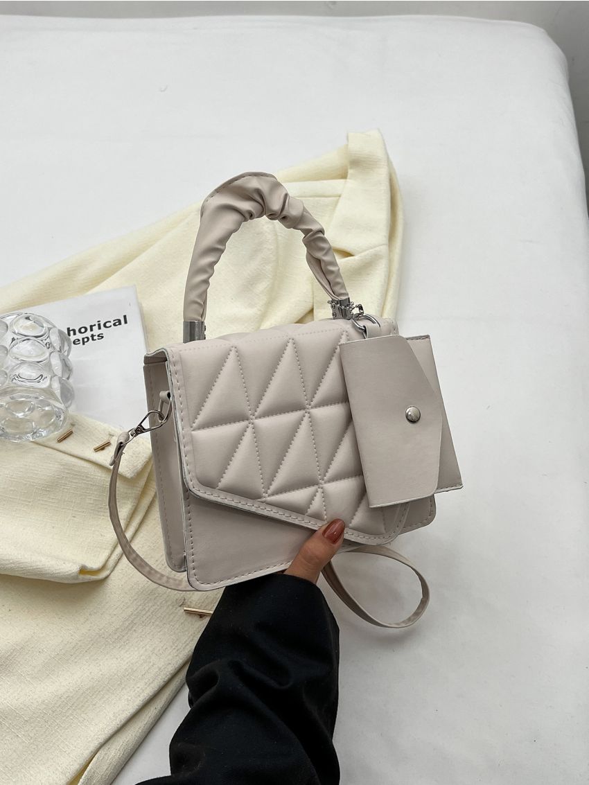 Quilted Square Bag With Coin Purse Ruched Handle Beige