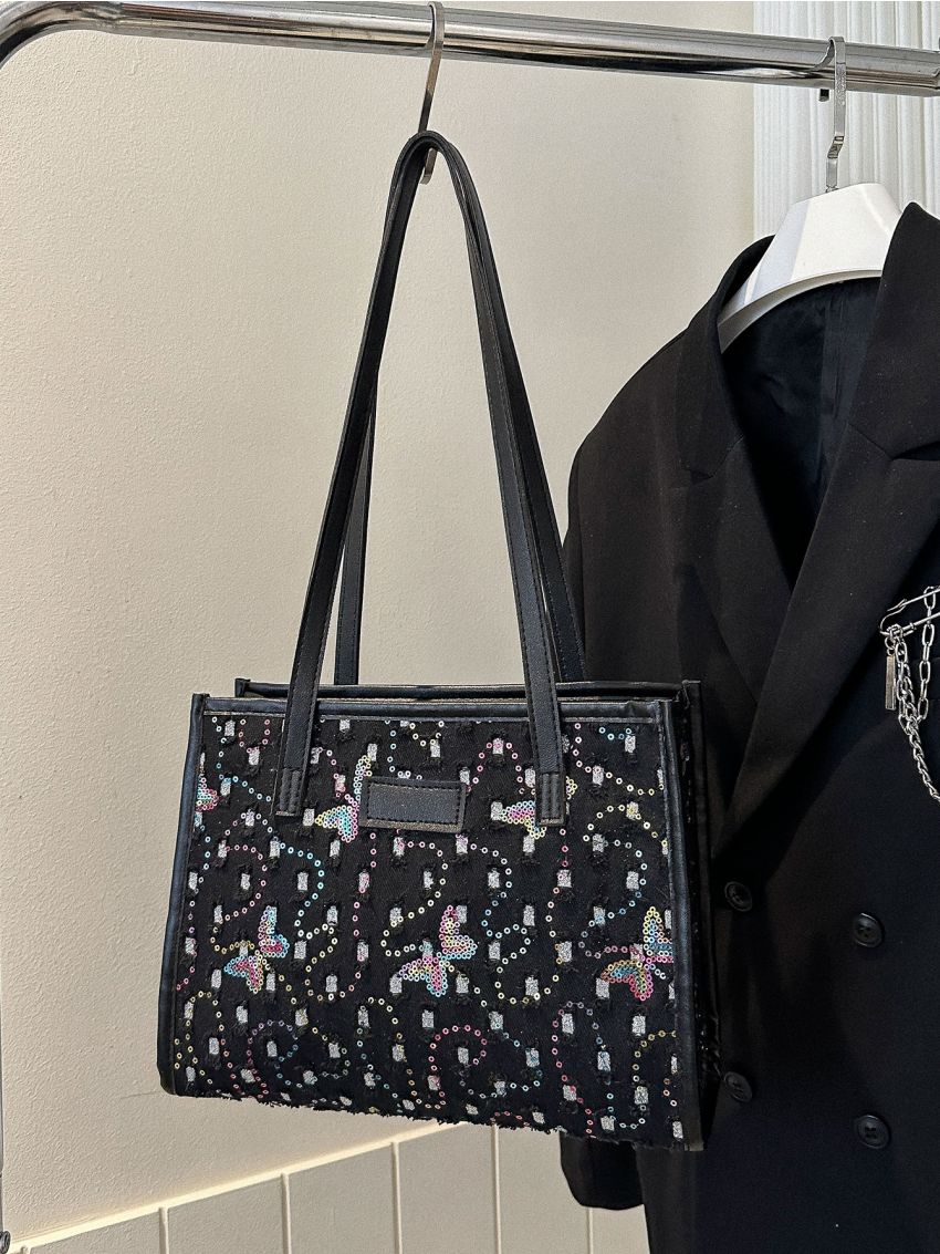 Sequin Decor Square Bag Butterfly Pattern