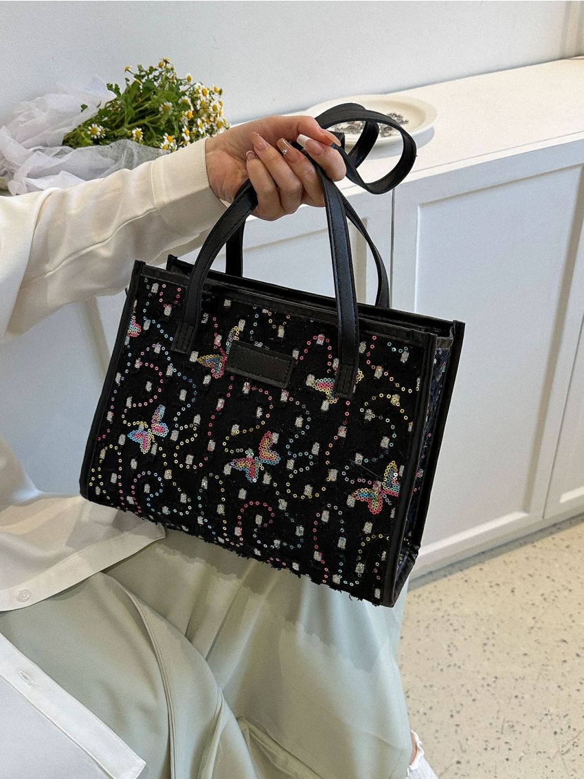 Medium Square Bag Double Handle Sequin Decor