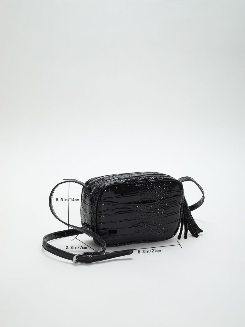 Crocodile Embossed Square Bag Tassel Decor Fashion Black