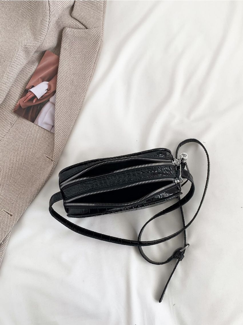 Crocodile Embossed Square Bag Tassel Decor Fashion Black