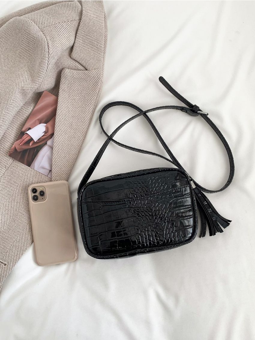 Crocodile Embossed Square Bag Tassel Decor Fashion Black