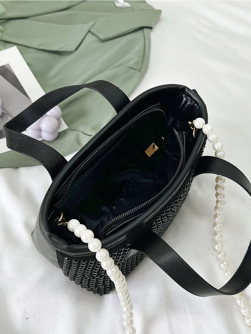 Studded Decor Bucket Bag Faux Pearl Beaded Small