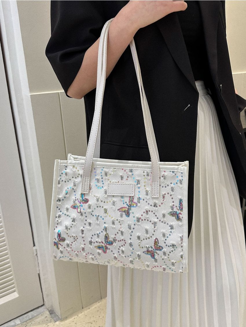 Medium Square Bag Double Handle Sequin & Butterfly Decor