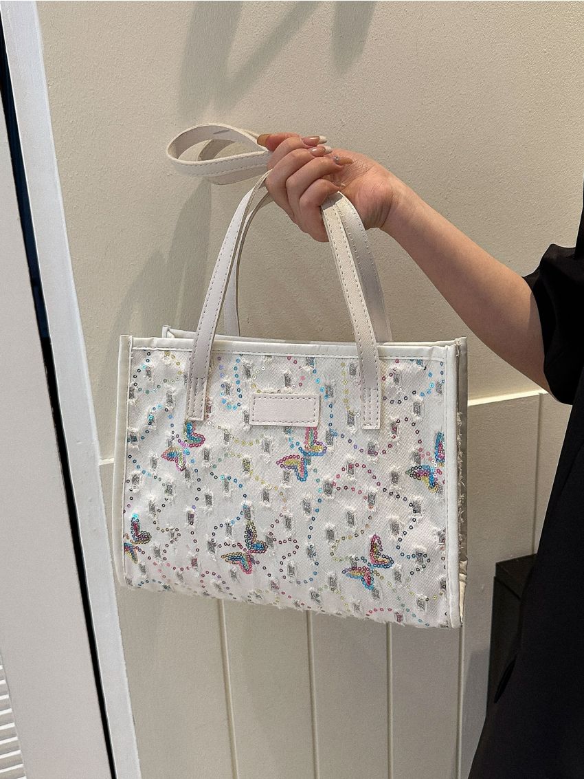 Medium Square Bag Double Handle Sequin & Butterfly Decor