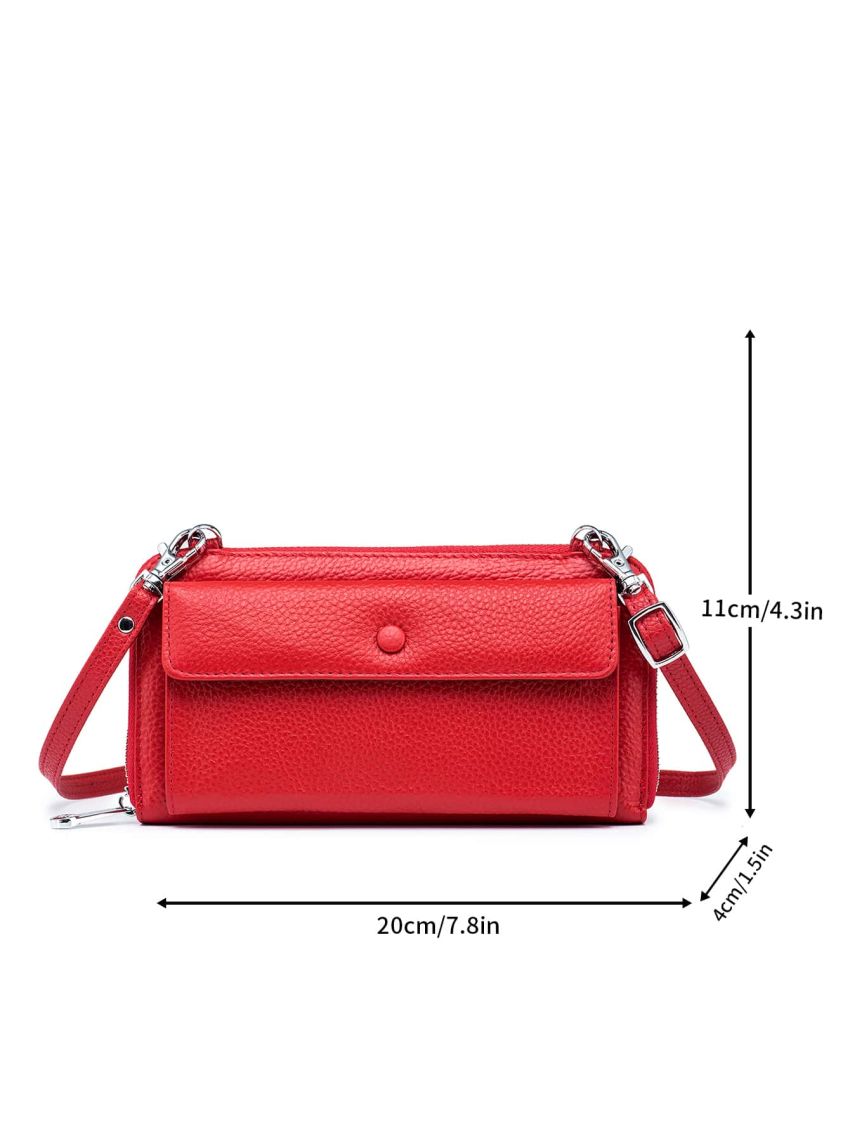 Genuine Leather Litchi Embossed Phone Wallet Snap Button Red