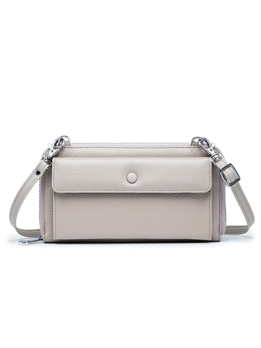 Genuine Leather Litchi Embossed Phone Wallet Snap Button Beige