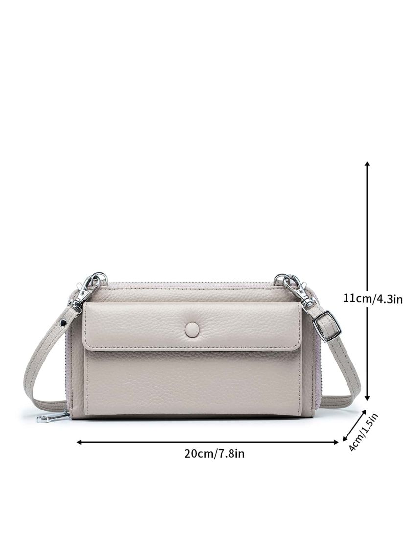 Genuine Leather Litchi Embossed Phone Wallet Snap Button Beige