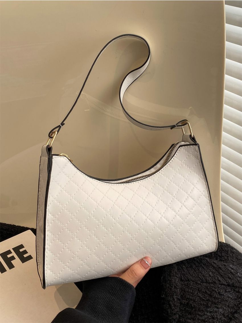 Quilted Baguette Bag Stitch Detail Contrast Binding PU