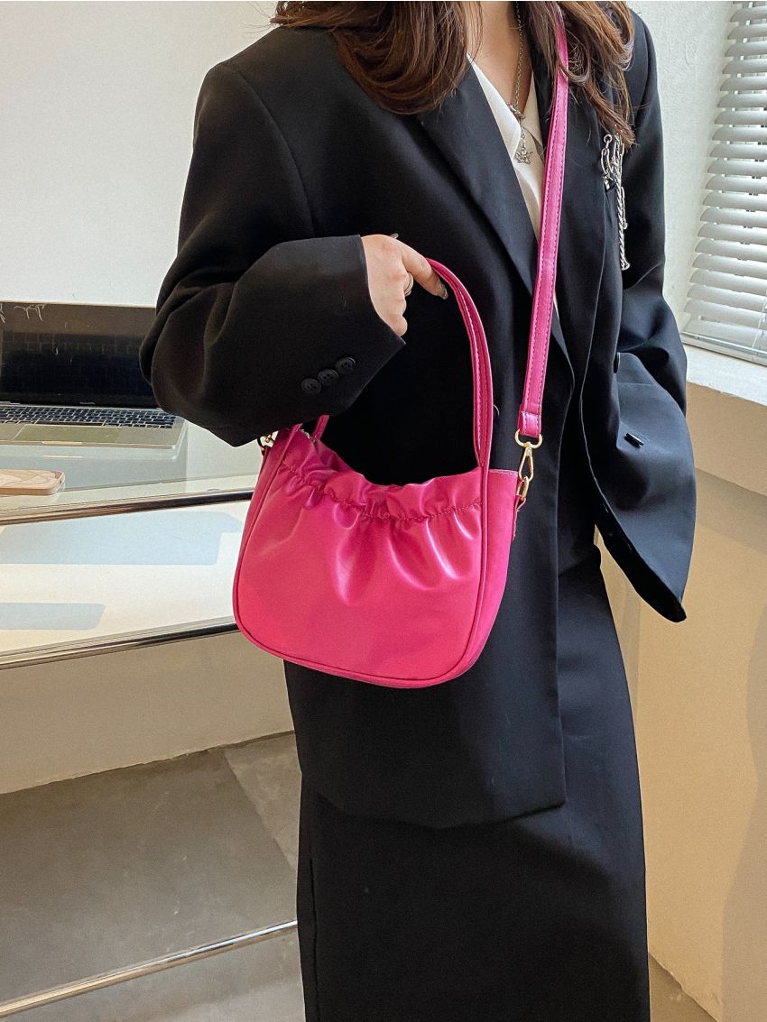 Minimalist Ruched Bag Small Double Handle Neon Pink